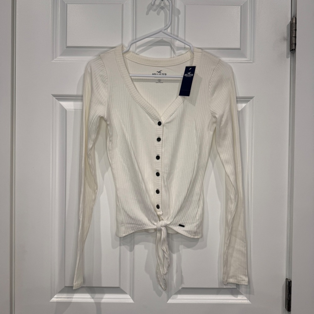 Hollister Womens Ribbed Tie Front Button Down Long Sleeve Top Size Small